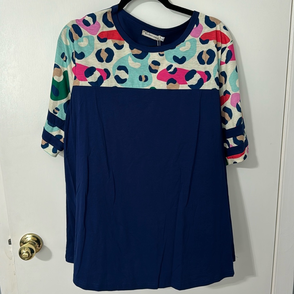 New with tags Southern Stitch navy and colorful cheetah top